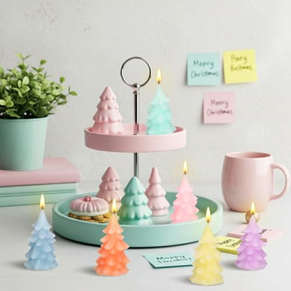 Pastel Christmas Tree Candles Set - 6 Mini Holiday Decor - Tree / Pastel / 6