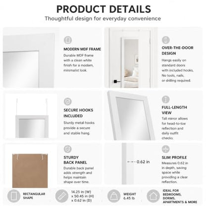 White Over Door Rectangular Mirror - 14.25 x 50.45 Inches, Modern Frame