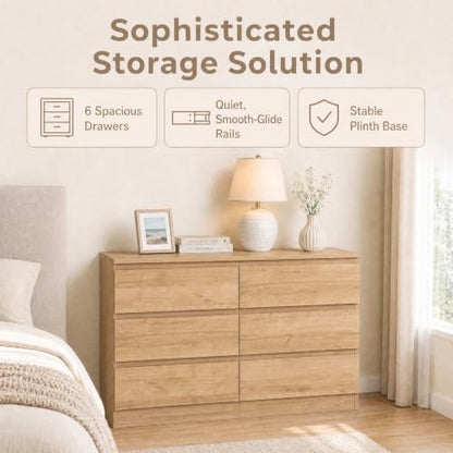 6-Drawer Dresser with Natural Oak Finish, Handle-Less Modern Bedroom Chest