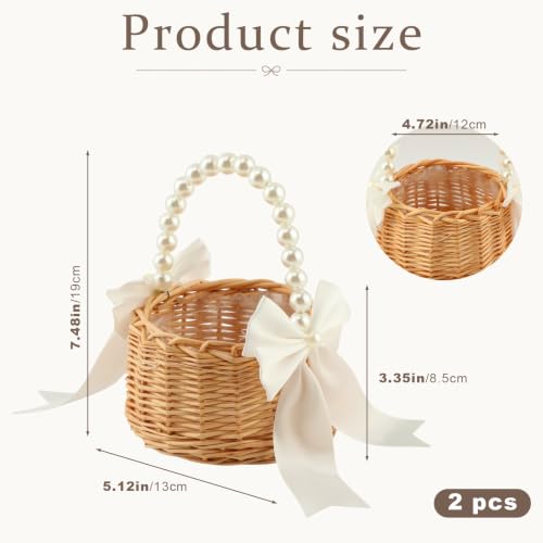 Wicker Flower Girl Basket Set with Pearl Handle & Bow for Wedding Decor