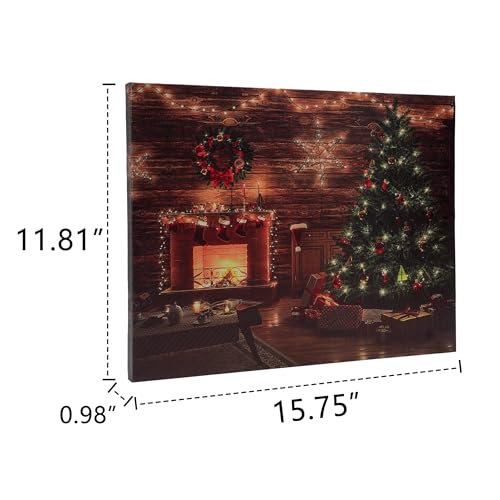 LED Christmas Canvas Wall Art - Snowy Scene with Fireplace & Pine Tree - Battery Operated Holiday Decor