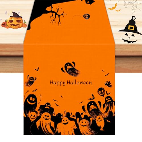 Halloween Decorataion Table Runner,36x13 inch Spooky Ghosts Oxford Tablecloth for Seasonal Fall Holiday Home Kitchen Dining Room Haunted House Indoor Outdoor Party Supply