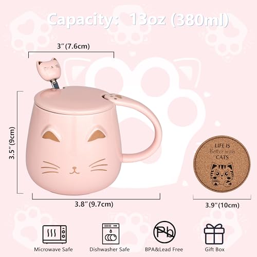 Cat Mug Set of 3 with Lids, Spoons & Coasters - Black, White, Pink
