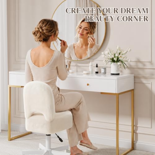 White Rolling Vanity Chair with Storage - Adjustable Height, 360° Castors, 10L Storage