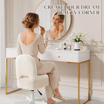 White Rolling Vanity Chair with Storage - Adjustable Height, 360° Castors, 10L Storage