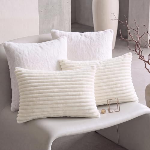 Queen Size Faux Fur Pillowcases Set of 2 - Ivory White Plush Pillow Covers