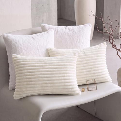 Queen Size Faux Fur Pillowcases Set of 2 - Ivory White Plush Pillow Covers