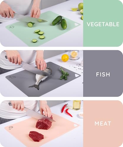 Flexible Plastic Cutting Board Set of 3 - Non-Slip, BPA-Free, Color-Coded, 15x12 Inches - Pink, Green, Gray
