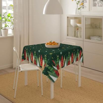 Christmas Square Tablecloth 52x52 Inch Forest Green Xmas Tree Snowflake Holiday Decor