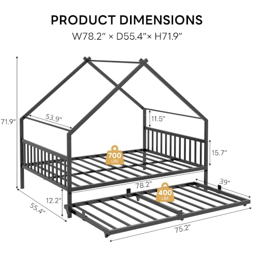 Full Daybed with Trundle House Style Black Metal Frame for Bedroom