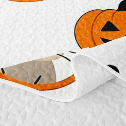 Feelyou Halloween Quilt Bedspread for Kids Girls & Boys Queen Size - Cream White & Tangerine Orange Bedding Set