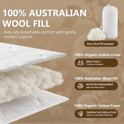 Natural Wool Pillow with Cotton Cover - Adjustable Support for Comfortable Sleep