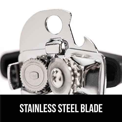 GORILLA GRIP Heavy Duty Stainless Steel Smooth Edge Manual Can Opener, Soft Comfortable Handle, Large Handheld Turn Knob, Built-In Bottle Openers, US Designed, Holiday Prep Kitchen Essential, Black