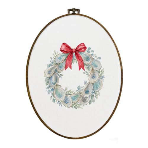 Christmas Oyster Wreath Wall Art - Oval Framed Canvas Decor, 11.3x8.7 Inches