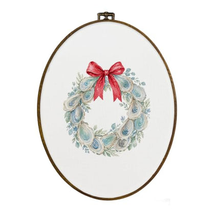 Christmas Oyster Wreath Wall Art - Oval Framed Canvas Decor, 11.3x8.7 Inches