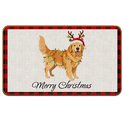 Golden Retriever Christmas Door Mat - Non-Slip Welcome Mat for Front Door - 17x30 Inch - Red and Black Plaid - Variation: Golden Retriever-1