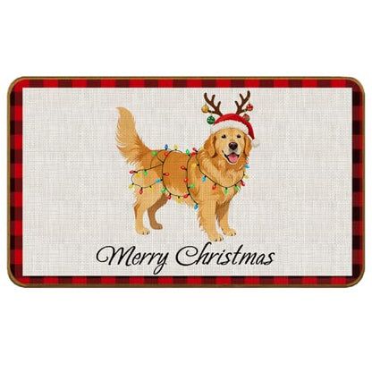 Golden Retriever Christmas Door Mat - Non-Slip Welcome Mat for Front Door - 17x30 Inch - Red and Black Plaid - Variation: Golden Retriever-1