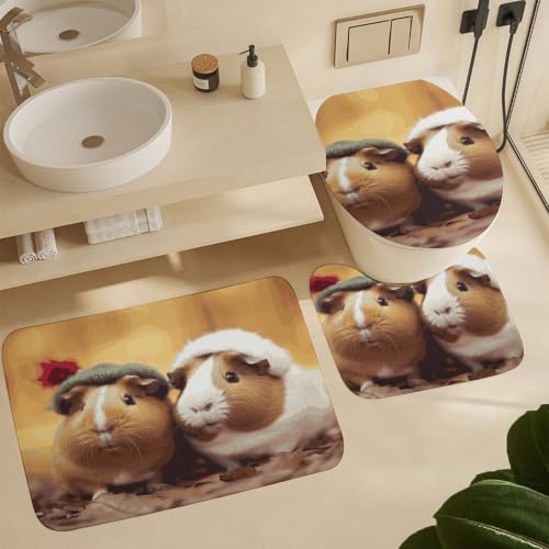 Cute Guinea Pigs Bathroom Rugs Set 3-Piece Floor Mat and Toilet Cover