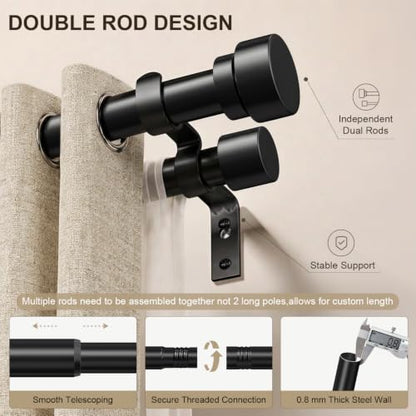 Black Double Curtain Rod 1 Inch Adjustable 16-144 Inches for Windows - Lootkell