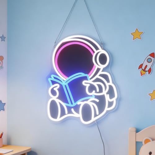 Neon Sign Astronaut Book LED Wall Decor Kids Room & Game Room - J-Blue Pink White