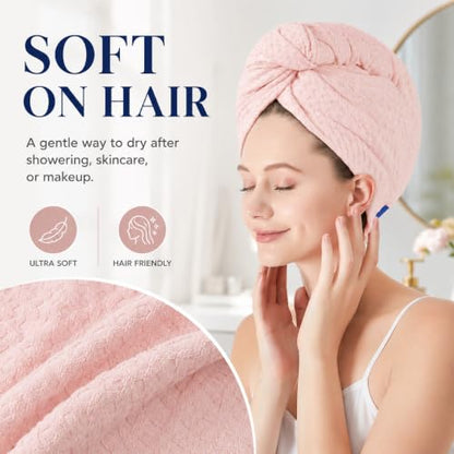 Microfiber Hair Towel Wrap for Women - Quick-Drying, Soft Absorbent Turban with Elastic Button Loop, Lightweight for Wet, Long, Curly & Thick Hair, Blush Pink