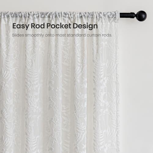 Ivory White 3D Floral Semi Sheer Curtains Set - 52W x 84L, 2 Panels, Pack of 2