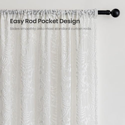 Ivory White 3D Floral Semi Sheer Curtains Set - 52W x 84L, 2 Panels, Pack of 2