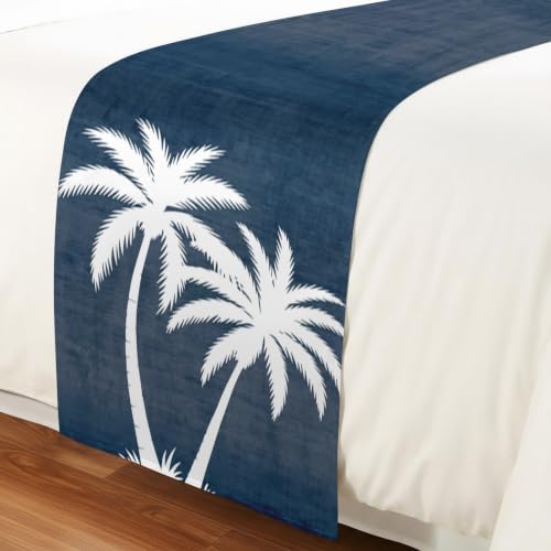 102x20 Inch Navy Blue Palm Tree Bed Runner for Cal King Bed - Tropical Coastal Decor