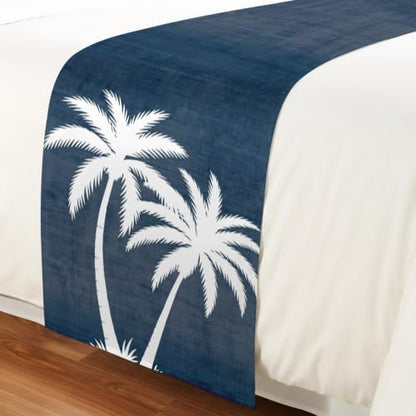 102x20 Inch Navy Blue Palm Tree Bed Runner for Cal King Bed - Tropical Coastal Decor