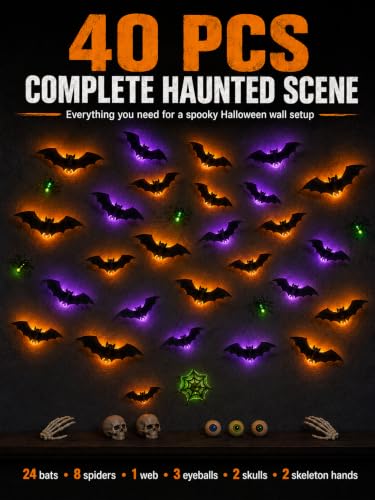 Halloween Wall Decor Kit with 3D Bats Spiders Web Skulls and LED Lights