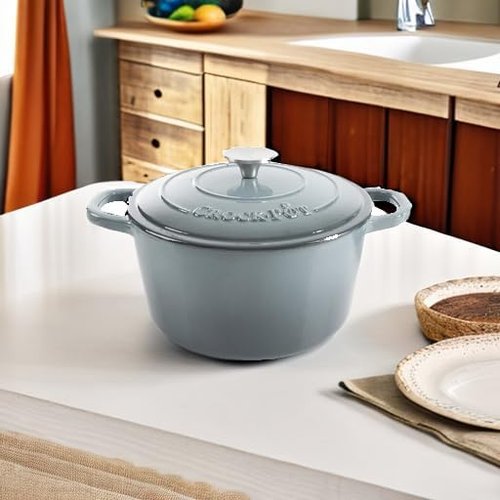 Crock Pot Artisan 5-Quart Round Enameled Cast Iron Dutch Oven - Slate Gray, Durable Cookware for Versatile Cooking