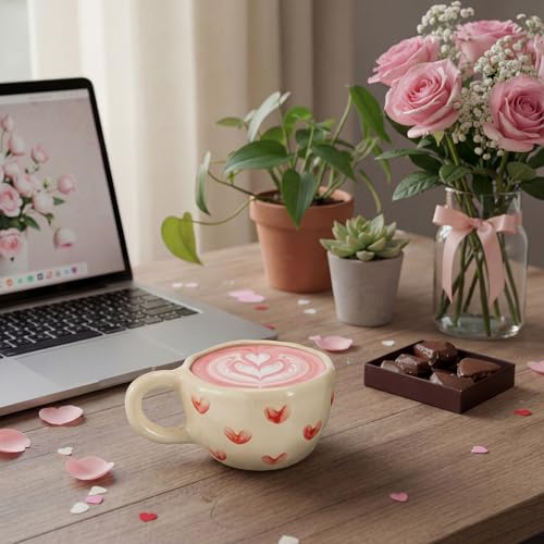 Vesici Floral Tea Cup Set Heart Rose Ceramic Mug with Spoon - 2 Pack
