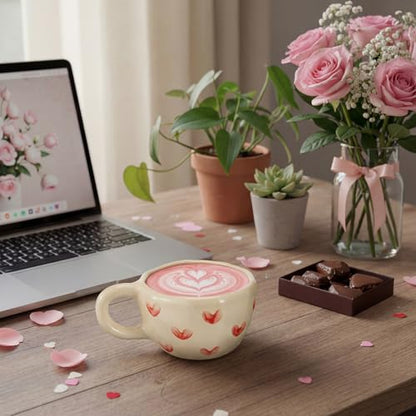 Vesici Floral Tea Cup Set Heart Rose Ceramic Mug with Spoon - 2 Pack