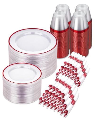 Red Disposable Plates Set for 100 Guests - 700 Pieces Party Dinnerware