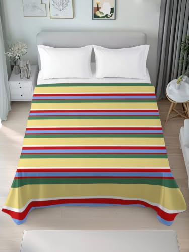 Yellow Queen Size Flat Sheet Microfiber Breathable Bed Top Sheet - Colorful Stripes