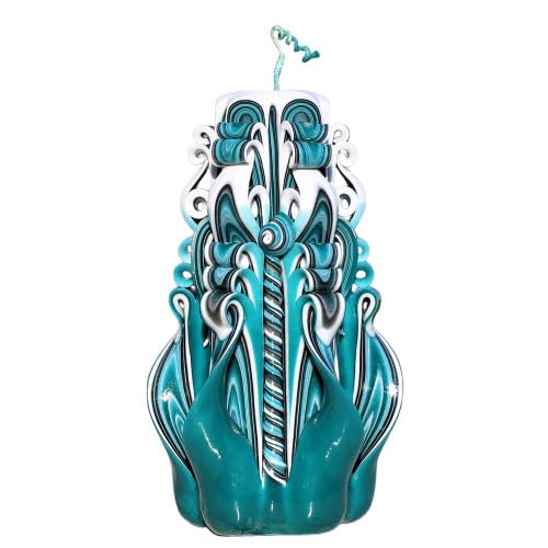 Hand Carved Green Candles 6.7'' | Decorative Teal & Black Layered Candle