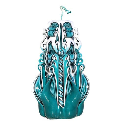 Hand Carved Green Candles 6.7'' | Decorative Teal & Black Layered Candle