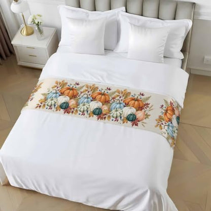 Fall Pumpkin Bed Runner for King Size Bed - 94x20 Inches, Orange, Beige, Green, Farmhouse Decor