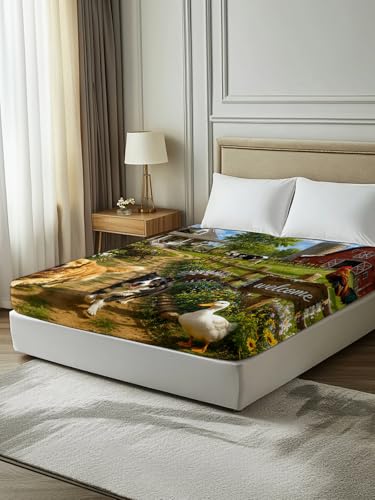 Queen Size Flat Sheet Only - Green Botanical Microfiber Bed Sheets, Easy Care, 90x102 Inches