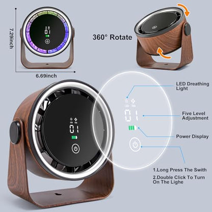 Desk Fan 360° Rotation 5-Speed Rechargeable Battery 2 cm Walnut