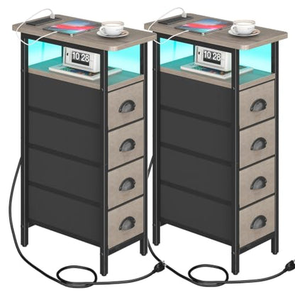 Nightstand Set 2 with Charging Station - Grey, 4 Fabric Drawers & LED RGB Light (Variation: Grey / Power & LED)