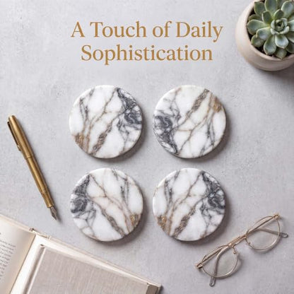 Marble Coasters Set of 4 - Stone Drink Coasters for Desk & Table Protection
