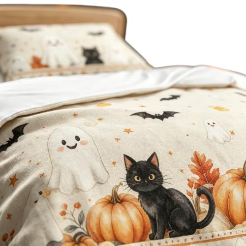 Halloween Duvet Cover Set Queen Black Cat Ghost Pumpkin Border - Whimsical Spooky Season Bedding