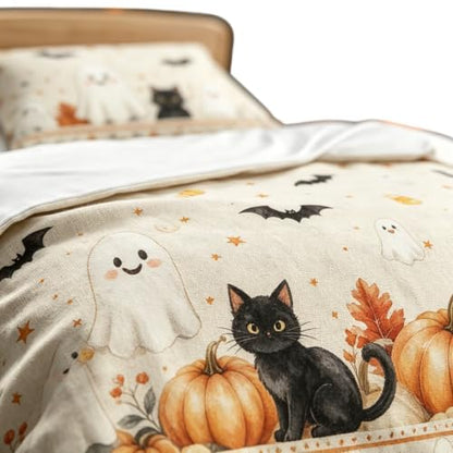 Halloween Duvet Cover Set Queen Black Cat Ghost Pumpkin Border - Whimsical Spooky Season Bedding