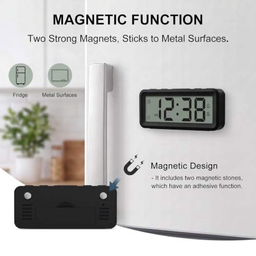 Mini Travel Alarm Clock Battery Operated with Magnetic Attraction - Black, 3.7 Inch