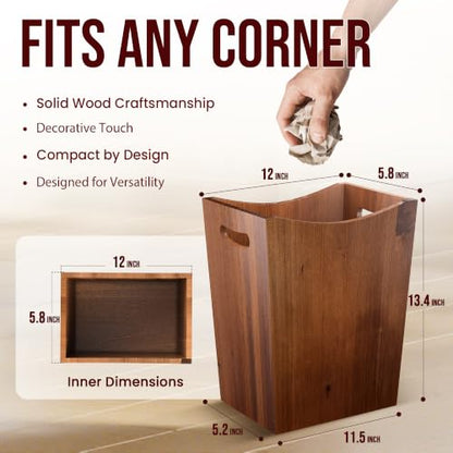Wood Waste Basket 3 Gallon Rectangular Trash Can with Handles - Natural Pine