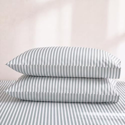 Sage Gray Pillowcases Queen Size Set of 2 - Cotton Sateen with White Stripes, 300TC