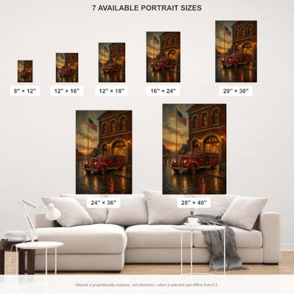 Vintage Fire Station Patriot Wall Art Canvas - American Flag Oil Painting, 20x30 Inches