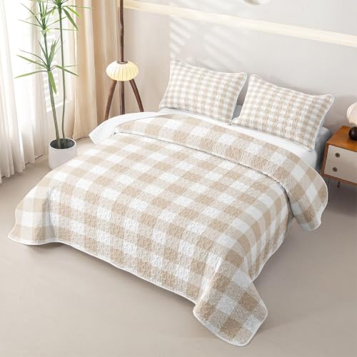 Khaki White Plaid Quilt Set Queen Size with Pillowcases - All Season Bed Coverlet
