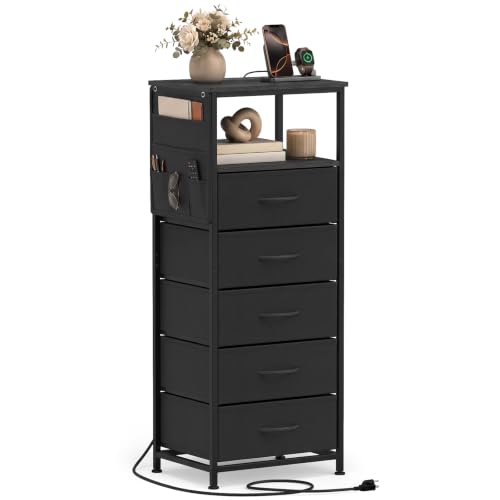 GIANTEX 39" Bedside Table with Integrated Charging Station - Black, 5-Drawer